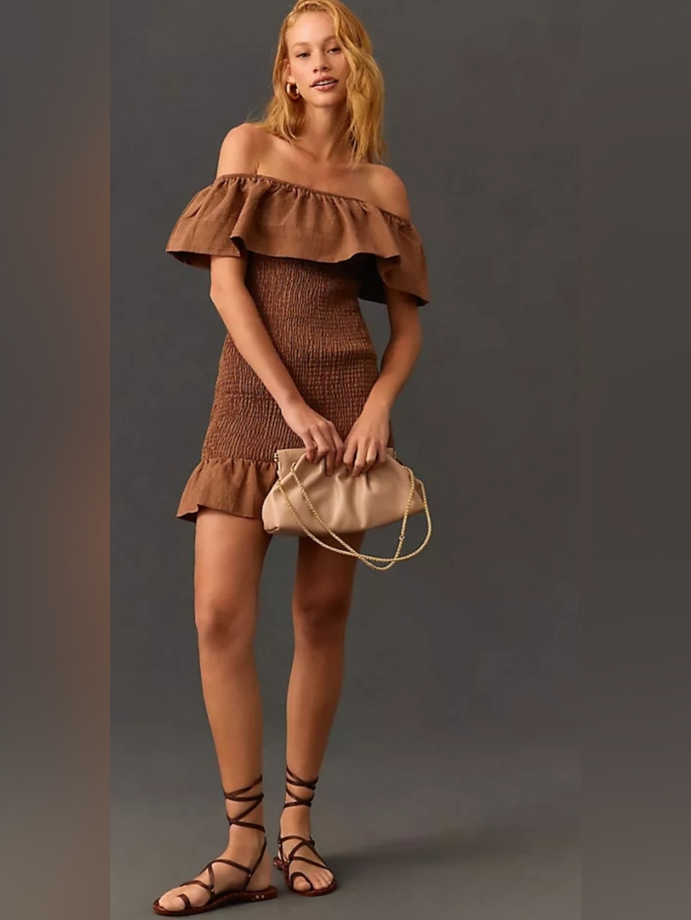 Anthropologie Taupe Ruched Off-Shoulder Dress